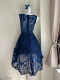 Elegant Navy Blue Shoulder Strap Sleeveless Embroidered Short Front And Long Back Homecoming Dress HZ1022