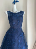 Elegant Navy Blue Shoulder Strap Sleeveless Embroidered Short Front And Long Back Homecoming Dress HZ1022