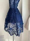 Elegant Navy Blue Shoulder Strap Sleeveless Embroidered Short Front And Long Back Homecoming Dress HZ1022