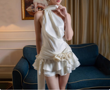 Beautiful Floral Off-the-shoulder Halter Neck Ribbon Ruffled A-line Homecoming Dress HZ1022