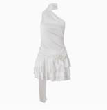 Beautiful Floral Off-the-shoulder Halter Neck Ribbon Ruffled A-line Homecoming Dress HZ1022