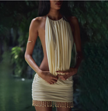 Sexy Pearl Tassel Open Back Halter Neck Hip Homecoming Dress HZ1022