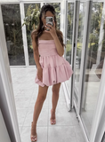 Cute Sweet Pink Pleated Sling Puffy Bud 17th Birthday Homecoming Dress HZ1022