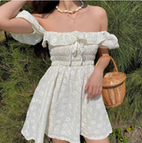 Sweet Puff Sleeves One-shoulder Neck Ruffled Daisy Embroidered Mini Homecoming Dress Homecoming Dress HZ1022