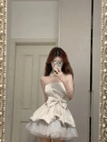 Cute White Strapless Bow Satin Tulle Mini 17th Birthday Homecoming Dress HZ1022
