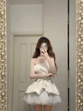 Cute White Strapless Bow Satin Tulle Mini 17th Birthday Homecoming Dress HZ1022
