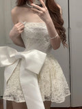 Cute Lace Pearl Bow Strapless A-Line Mini 17th Birthday Homecoming Dress HZ1022