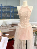 Cute Pink Off-the-shoulder Beaded Lace Tulle Princess 17th Birthday Homecoming Dress HZ1022