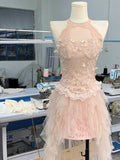 Cute Pink Off-the-shoulder Beaded Lace Tulle Princess 17th Birthday Homecoming Dress HZ1022