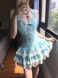 Sweet Halter Neck Blue Plaid Lace Trim Mini Homecoming Dress HZ1022