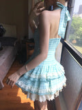 Sweet Halter Neck Blue Plaid Lace Trim Mini Homecoming Dress HZ1022