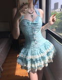 Sweet Halter Neck Blue Plaid Lace Trim Mini Homecoming Dress HZ1022