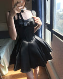 Cute Black Satin Bow A-Line Mini 17th Birthday Homecoming Dress HZ1022