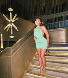 Simple Green Off-the-shoulder Backpack Hip-baring Mini 17th Birthday Homecoming Dress HZ1022