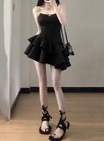 Elegant Black Satin Tube Top Irregular Birthday Tutu Homecoming Dress HZ1022