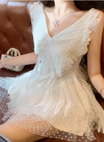 Design White Feather Splicing Polka Dot Princess Puffy Birthday Dress Homecoming Dress HZ1022