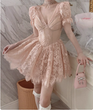 French Palace Lace V-neck Short Sleeve A-line Pink 17th Birthday Homecoming Dress HZ1022