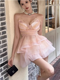 Cute Puffy Pink V Neck Mini Birthday Dress Homecoming Dress HZ1022