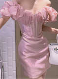 Shiny Pink French Puff Sleeve Herringbone Hip 17th Birthday Homecoming Dress HZ1022