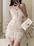 Heavy V-neck White Lace Suspender Birthday Dress Homecoming Dress HZ1022