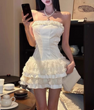 Sweet White Cake Puffy Satin Lace Stitching Tube Top Short Birthday Dress Homecoming Dress HZ1022