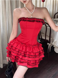 Sweet White Cake Puffy Satin Lace Stitching Tube Top Short Birthday Dress Homecoming Dress HZ1022