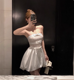 Sweet White Tube Top Bow Lace Satin Bud Birthday Short Skirt Homecoming Dress HZ1022