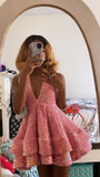 Sweet Pink Sequined V Neck Mini 17th Birthday Homecoming Dress HZ1022