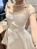 Heavy Pearl Satin Bow A-line Birthday Dress Homecoming Dress HZ1022