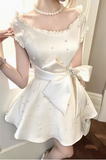 Heavy Pearl Satin Bow A-line Birthday Dress Homecoming Dress HZ1022