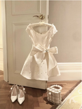Heavy Pearl Satin Bow A-line Birthday Dress Homecoming Dress HZ1022