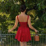 French Ballet Style Tie Waist Suspenders Red Mini Birthday Dress Homecoming Dress HZ1022