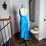 Simple Halter Neck Satin Blue Open Back Homecoming Dress HZ1022