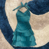 Sweet Glitter Halterneck V-neck Ruffled Mini 16th Birthday Homecoming Dress HZ1022