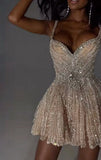 Shiny White Strappy V-Neck Beaded A-Line 17th Birthday Homecoming Dress HZ1022