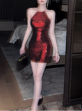 Sexy Halterneck Hip-hugging Sparkly Backless Homecoming Dress HZ1022