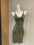Retro Suspenders Green Floral Mesh Slim Fit 17th Birthday Homecoming Dress HZ1022