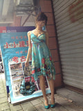 Vintage Chiffon Strapless Blue Print Homecoming Dress HZ1022