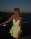 Cute Lace Halterneck Low-cut Light Yellow A-line 17th Birthday Homecoming Dress HZ1022
