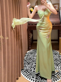 Fresh Green Strapless Satin Beaded Mermaid Prom Dress HZ1022