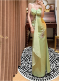 Fresh Green Strapless Satin Beaded Mermaid Prom Dress HZ1022