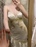 Vintage Beaded Satin V-Neck Ruffle Mermaid Prom Dress HZ1022