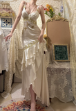 Vintage Beaded Satin V-Neck Ruffle Mermaid Prom Dress HZ1022