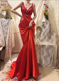 Elegant Red Rose Satin V-neck Beaded Long Prom Dress HZ1022