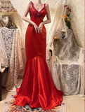 Elegant Red Rose Satin V-neck Beaded Long Prom Dress HZ1022