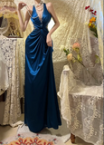 Vintage Blue Halter Neck V-Neck Beaded Satin Prom Dress HZ1022