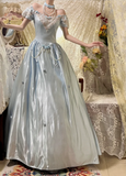 Princess Blue Satin 3D Rose Beaded A-Line Prom Dress HZ1022