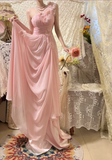 Elegant Pink Off-shoulder 3D Flower Pleated Chiffon Long Prom Dress HZ1022