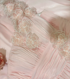 Elegant Pink Off-shoulder 3D Flower Pleated Chiffon Long Prom Dress HZ1022