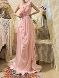 Elegant Pink Off-shoulder 3D Flower Pleated Chiffon Long Prom Dress HZ1022